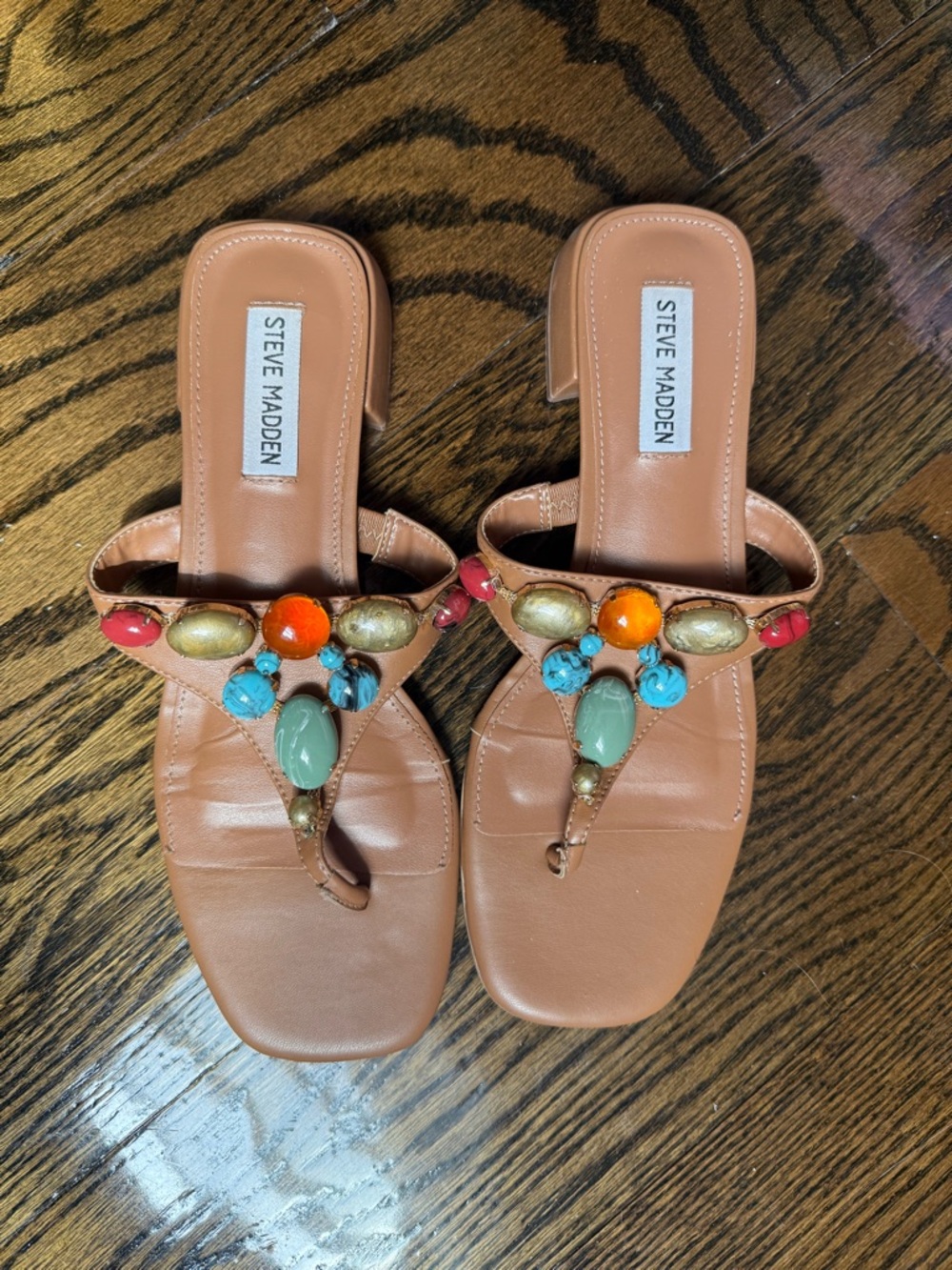Steve Madden Tan Bejeweled Thong Sandals with Multicolor Stones